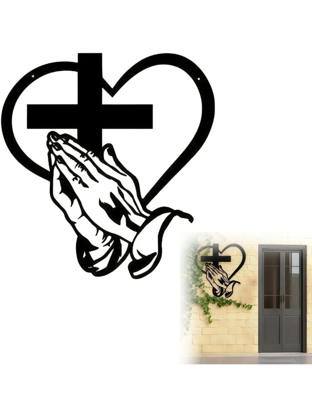 Christian Metal Cross Wall Decor with Sacred Heart & Praying Hands - Farmhouse